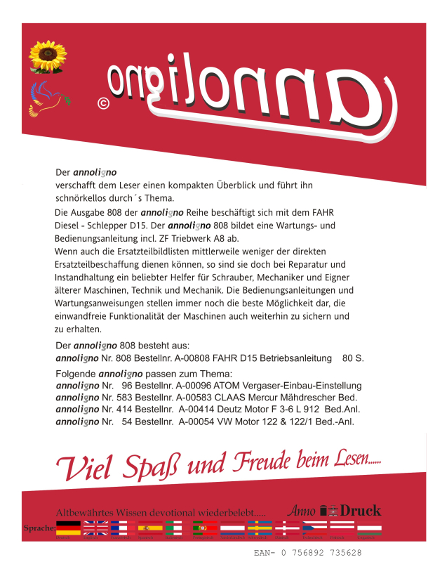 FAHR Diesel Schlepper/Traktor Typ D15 & ZF Getriebe/Triebachse A8 Bild- Bedienungsanleitung & Wartungsanleitung - annoligno 808